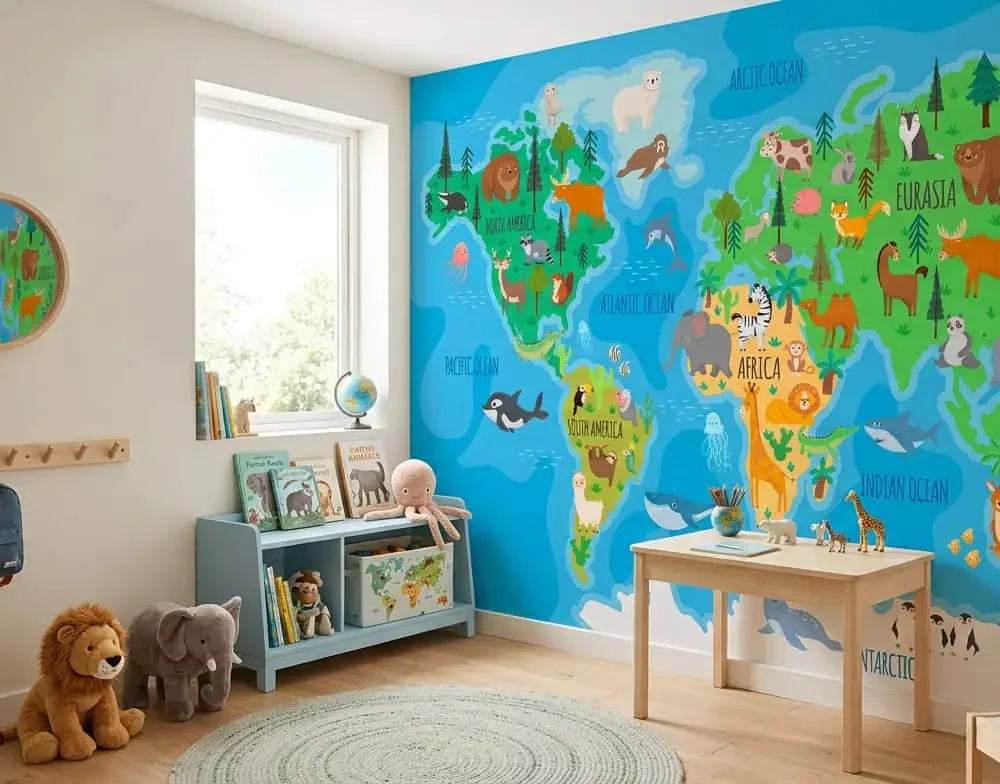 wereldkaart behang dieren achter wandkastje en kindertafeltje in kinderkamer
