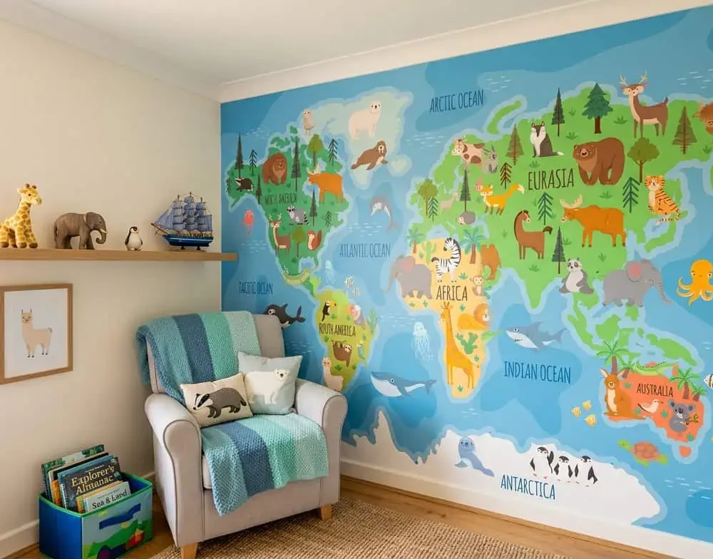 wereldkaart behang dieren achter fauteuil en boekenplank in kinderkamer