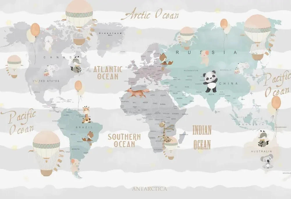 wereldkaart behang dieren pastel met ballonnen en dieren in zachte kleuren