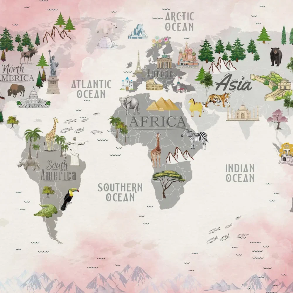 wereldkaart behang dieren roze pastel met illustraties van dieren, monumenten en bomen op zachte roze pastel achtergrond