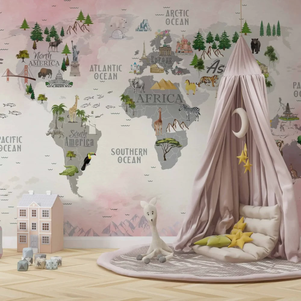 wereldkaart behang dieren roze pastel achter speeltent in kinderkamer
