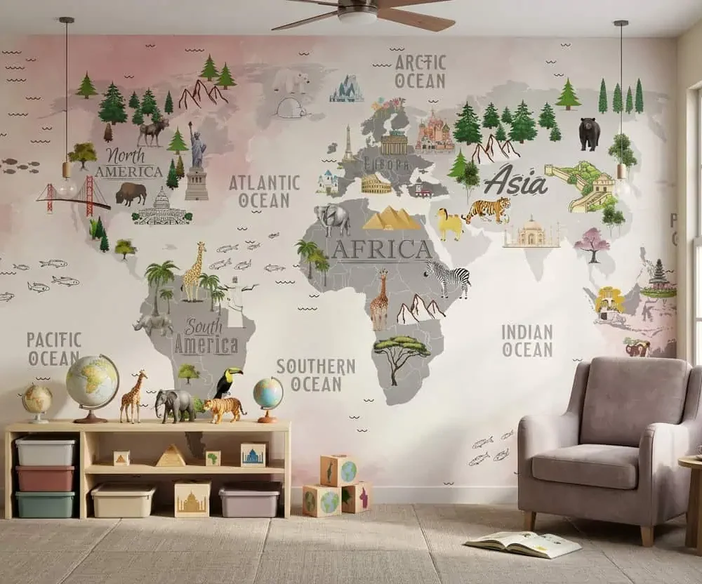 wereldkaart behang dieren roze pastel achter fauteuil en speelgoedkast in kinderkamer