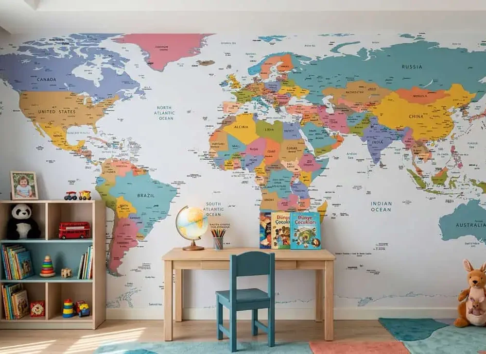 wereldkaart behang pastel achter kinderbureau in kinderkamer