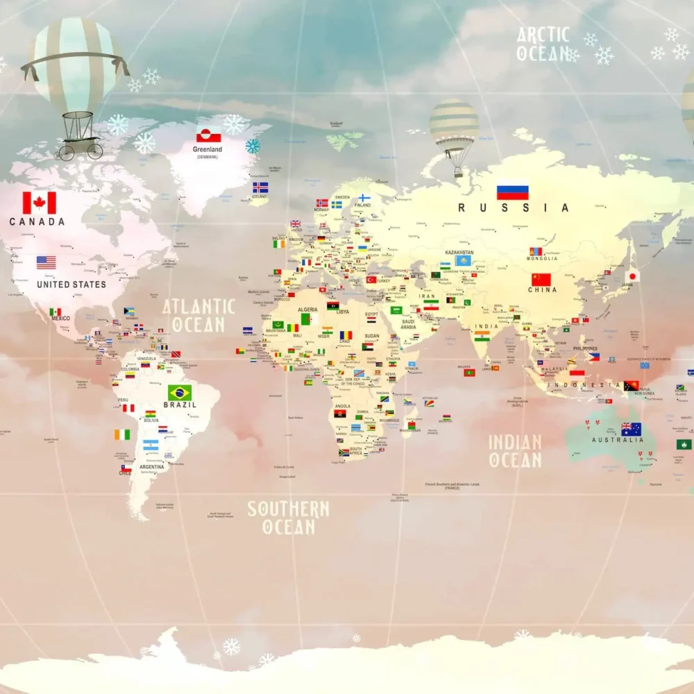wereldkaart behang pastelroze blauw met landenvlaggen en luchtballonnen op zachte wolken